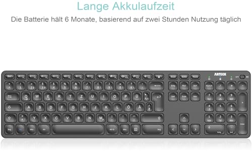 Arteck Kabellose Tastatur, Deutsches QWERTZ Layout wiederaufladbare USB Anschluss 2,4 GHz Kabellos Tastatur mit Multimedia-Tasten, Kompatibel mit PC, Computer, Notebook, Laptop, Windows 11, 10, 8 4