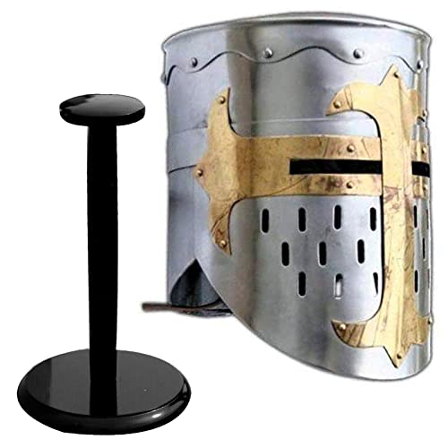 Image of AnNafi Medieval Templar Crusader Helmet Replica + Aluminium Chainmail Coif + Wooden Helmet Stand, Knight Crusades Costume Templar Reenactment Cosplay Greek Roman Spartan Armourt, Medieval Costumes