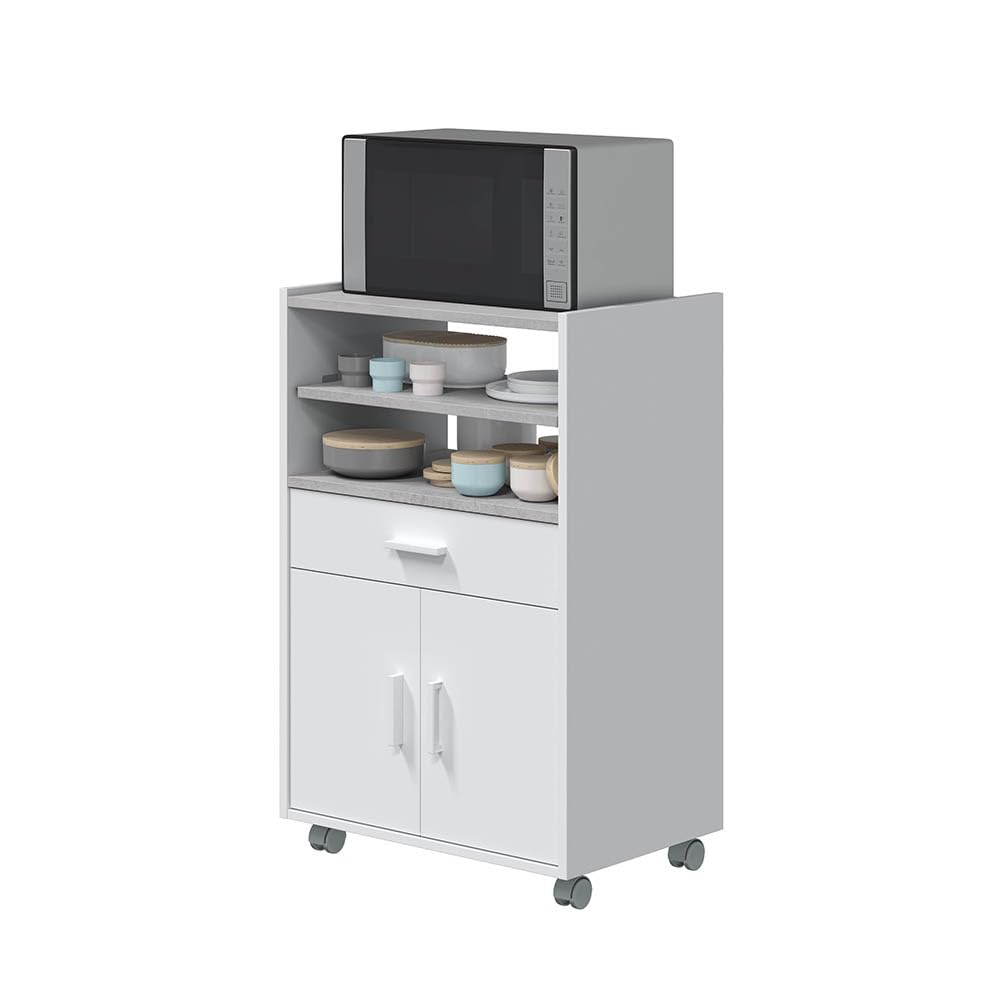 Habitdesign - Mueble Microondas con Ruedas, Carro Auxiliar de Cocina 2 Puertas 1 Cajón - Armario Compacto para Almacenaje - Blanco Artik y Cemento - 59x92x40 cm (AnchoxAltoxFondo) - Modelo Tidy