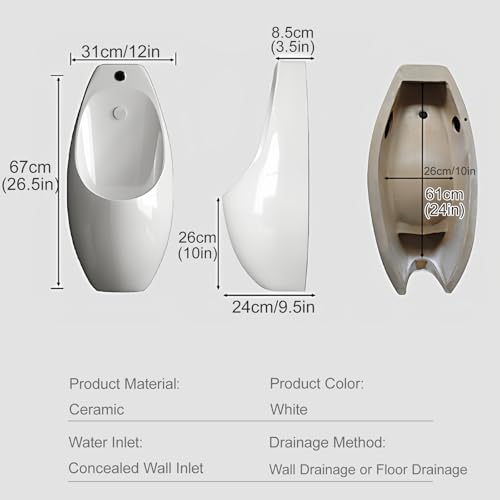 Urinal de pared para hombres, uso comercial y doméstico, urinal cerámico blanco con sensor y descarga manual, doble descarga, antiesplashes, drenaje de pared o piso, incluye kit de instalación miniatura 7