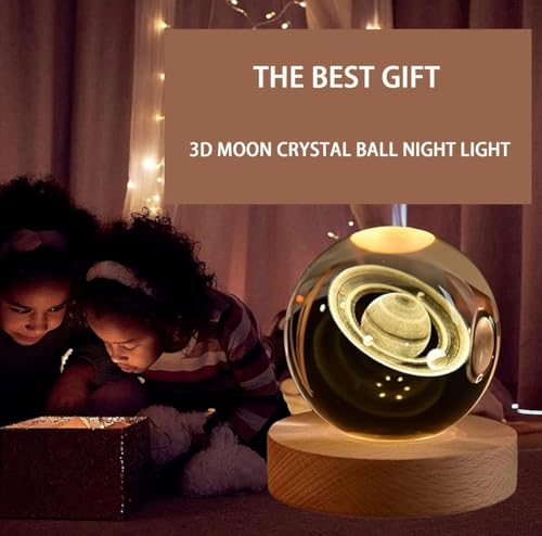 Image of STARKENDY3D Saturn Crystal Ball LED Night Lamp, Creative Engraved Night Light Wooden Base, Warm White Decorative Table Lamp for Home, Office, Bedroom, Birthday Gift