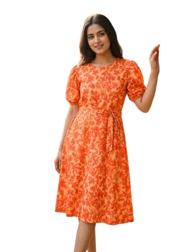Image of HELLCAT Women Floral Fit & Flare Midi Dress | Round Neck, Puff Short Sleeve, Waist Tie-Up Belt | Casual Brunch Wear, Western One Piece, A-Line Long Frock, Summer Party Outfit