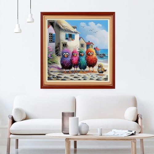 Image of Joyhoor Cross Stitch Kits for Beginners Stamped Cross-Stitch Supplies Needlework preprint Embroidery Kits for Adults DIY Needlepoint Kit Embroidery Patterns 11CT-Seaside Colorful Chicken 18x18 inch