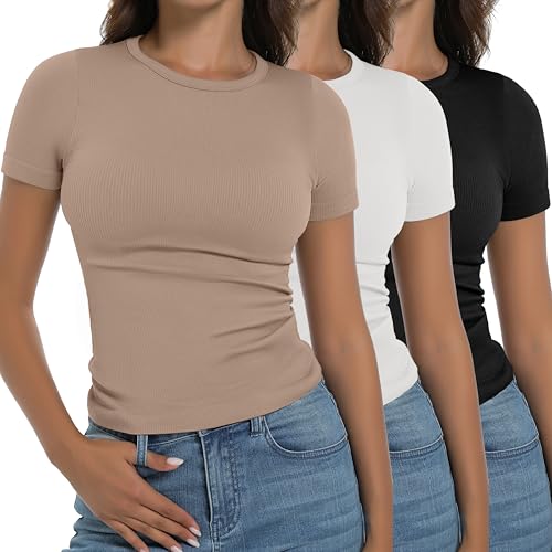 OVESPORT 3 Pack Ribbed Womens Basic T Shirts Summer Tops Gym Workout Short Sleeve Slim Fit Crop Tops