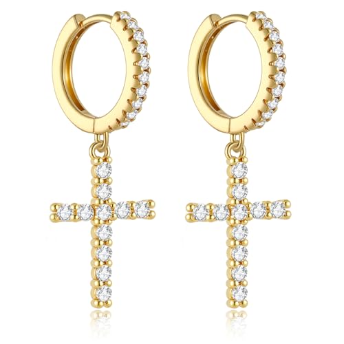 14K Gold Plated Cross Earrings for Women Men, CZ Cross Dangle Earrings Hypoallergenic Jewelry Gift
