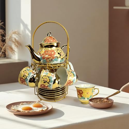 Image of DMRD Ceramic Tea Set -13 Pcs |1Kettle (800 ml), 6 Cups (180ml) & 6 Plates | Microwave & Dishwasher Safe | Elegant Morning Tea Set for Gifting | Floral & Aesthetic Design | Cute Cups Set (Golden)