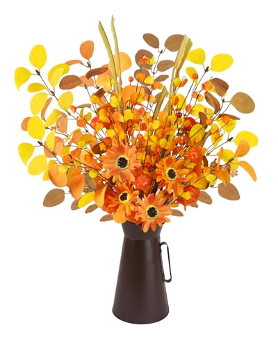 Agusbagli Artificial Fall Flowers with Metal Pot, 22.5' Farmhouse Fall Pumpkin Arrangement with Eucalyptus Leaves Fake Fall Plants Autumn Flowers in Vase for Table Centerpieces Harvest Home Decor