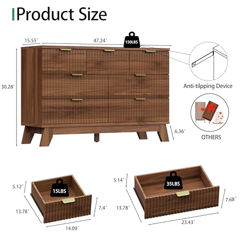 Image of Xixini Fluted Dresser for Bedroom with 7 Drawers, 48 inch Wide Modern Chest of Drawers with Metal Handle, Wood Dresser TV Stand, Wooden Closet Clothes Storage Organizer for Living Room, Hallway, Walnut