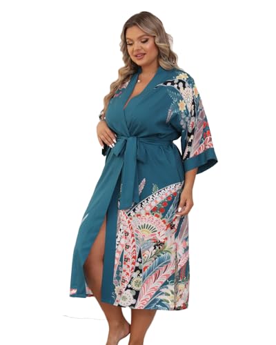 Image of Applesauce - 808V - Plus Size Women's Kimono Long Robe - Vintage Floral (One-Size fits most US 1X 2X 3X)