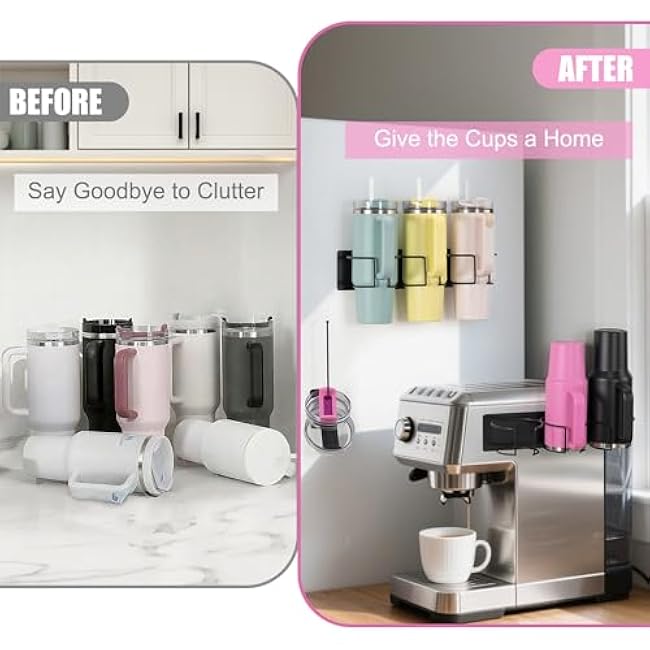 3 Pcs Magnetic Cup Holder for Fridge,2 Pcs Water Bottle Organizer Rack for Stanley 30&40 oz Tumblers with 1 pc Tumbler Lid Organizer,Stanley Cup Accessories for Kitchen