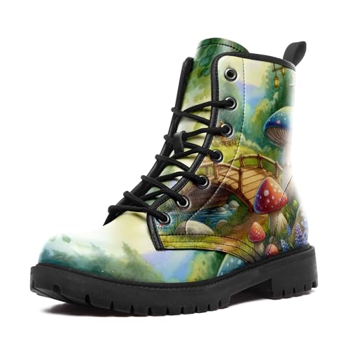 Artistic Mushroom Mid-Top Combat Boots Men's Women's Floral Lace-Up Ankle Shoes for Hiking,Street Wear,Casual Walking