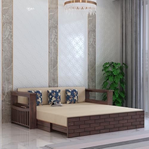 Image of Ganpati Arts Italian Solid Sheesham Wood 3 Seater Sofa Cum Bed with Side Pockets for Storage and Fabric at Back Wooden Sofa Furniture for Living Room Home (Walnut Finish)