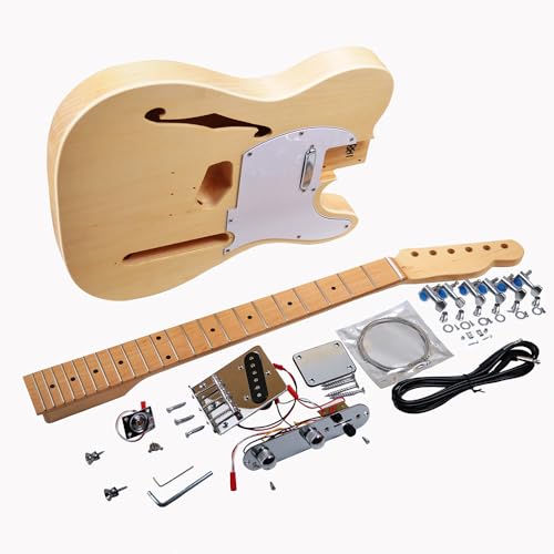 RSW DIY Electric Guitar Kit - Semi-Hollow Body with F-Hole - Pre-Wired Electronics (No Soldering) - Unfinished Basswood T-Style Guitar Building Project for Beginners