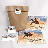 JuNa-Experten 12-er Set Einladungskarten, Umschläge, Tüten/Natur, Aufkleber Geburtstag Kinder Mädchen DREI Pferde / Pferd / Einladung Kindergeburtstag / Geburtstagseinladung / Tiere