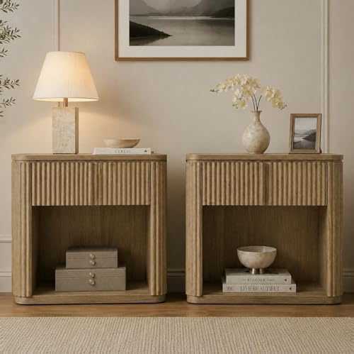 Image of SICOTAS 30 inch Wide Night Stand Set of 2, Oversized Extra Large Nightstands Side Tables with Solid Wood Handle & Drawer, Modern Fluted Bedside Table End Table with Storage for Bedroom, Sofa Couch, Office