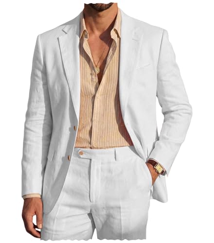 Men's Linen 2-Piece Suit - Casual Breathable Blazer and Pants for Summer Beach Wedding,White-M