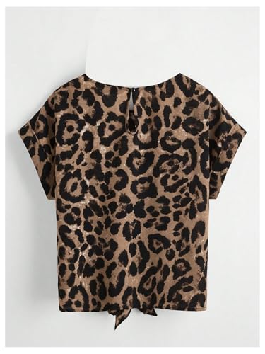 MakeMeChic Women's Leopard Print Blouse Tie Front Crew Neck Cap Sleeve Tie Front Summer Casual Top2