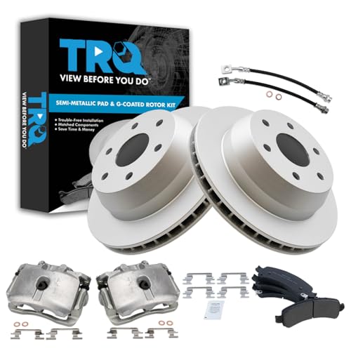 Image of TRQ Rear Brake Pad and Rotor Set Semi Metallic G Coated Rotors Calipers Compatible with 2002-2006 Cadillac Escalade Chevrolet Avalanche 1500 Suburban 1500 Tahoe GMC Yukon 2003-2006 Yukon XL 1500