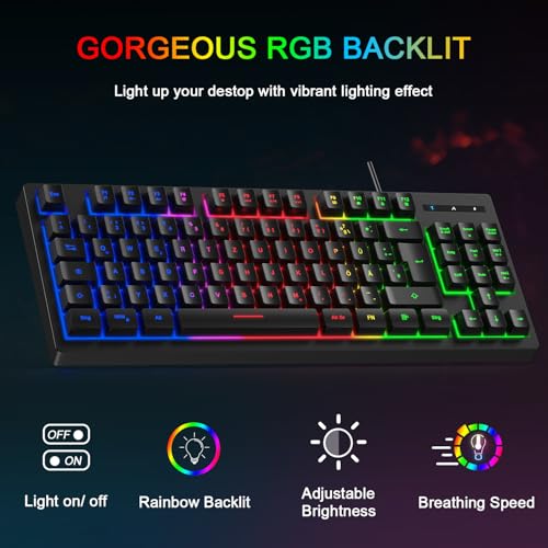 Rewurnth Gaming Tastatur und Maus Set, QWERTZ DE Layout, 75% TKL, RGB Hintergrundbeleuchtete Kabelgebundene Tastatur, Ergonomische 4 Farbige LED Gaming Maus, Großes Mauspad, USB Plug & Play für PC 2