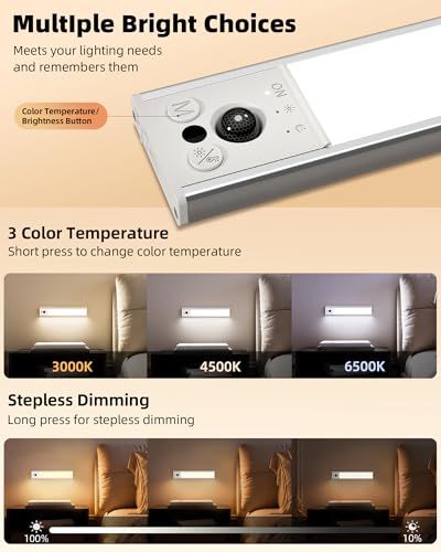 Image of EZVALO 10inch Under Cabinet Lighting, 2 Pack 2400mAh Rechargeable Wireless Motion Sensor Lights Indoor, 3 Color Temps Dimmable Magnetic Closet Lights, Under Counter Lights for Kitchen, Pantry, Stairs