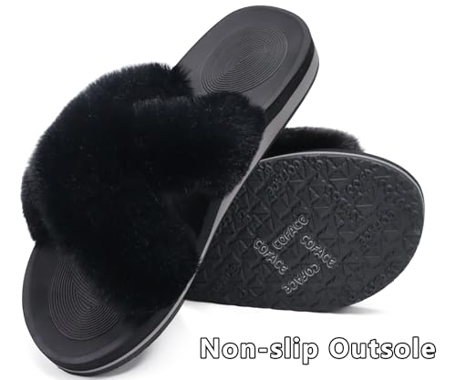 Image of COFACE Womens Fuzzy Slides Fluff Faux Fur Cross Slippers Open Toe Yoga Mat House Slipper Sandals With Arch Support For Indoor /Outdoor