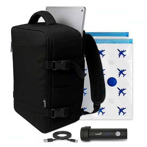 Lavatelli, Vakuum Rucksack Ryanair 40x30x20 + USB-C Pumpe & 2 Vakuumbeutel 40x45 cm | Vac-u-Bag, Handgepäck EasyJet Low Cost | Premium Kabinen Rucksack für Reisen