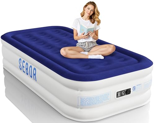 Sebor Air Mattress Twin with Built-in Pump 18', Comfortable Self-Inflating Air Mattress with High-Speed Pump, Durable Blow Up Mattress Twin with Storage Bag for Guests, Camping, Travel