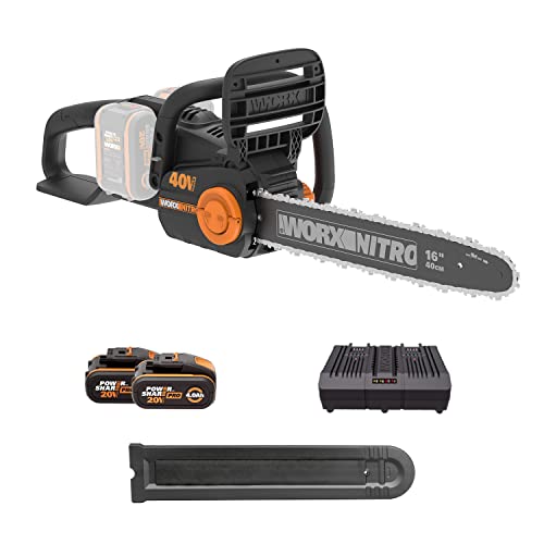 WORX Tronçonneuse sans Fil 40V WG385E, Guide de 40 cm, Moteur Brushless, Vitesse 18m/s, Tension et Lubrification Automatique, Frein de Chaîne, Livrée Avec 2 Batteries 4Ah et Chargeur