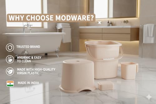 Image of MODWARE Bathroom Set, Pack of 4, Bucket, Mug, Soap Case, Stool, 20L, Polypropylene (Cream)
