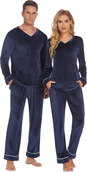 Ekouaer Couples Matching Pajamas Sets Velvet PJs Set for Men and Women Velour Long Sleeve Sleepwear S-XXL Navy