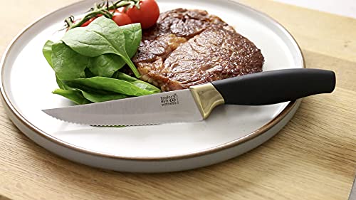 Taylors Eye Witness Brooklyn Brass Serrated Steak Knife Set - 4 PCE. Scalloped Edge, Hollow Ground, Polished Mat, Stainless Steel Blade. Brass Coloured Bolster. Soft Grip Handle. 2 Year Guarantee. - Image 2