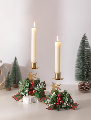 Romadedi Candle Holders Christmas Decor: Gold Reindeer Candlestick Red Berry Decoration for Taper Table Centerpiece Festive Ornaments Mantel Home, Set of 2