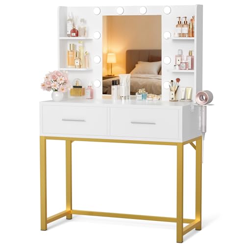 YESHOMY Vanity Desk with Mirror, Makeup Table with 2 Large Drawers, Power Outlet and Round Holder, 3...