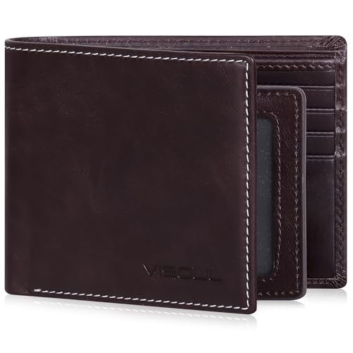 VISOUL Cartera para Hombre Piel Genuina Billetera Hombre de Cuero de Tarjetero con Protección RFID Carteras Bifold para Hombres Joven Monedero de Cuero con 12 Ranuras para Tarjetas (Café)