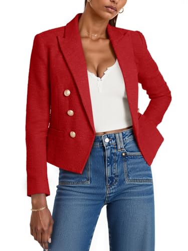 Cicy Bell Women Cropped Tweed Blazer Jackets Lapel Open Front Long Sleeve Business Suit Jackets with Pocket Red