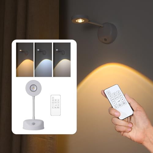 XPESUVC Motion Sensor Wall Light Rechargeable LED Spotlight Flexible Rotate Bedside Reading Lamps with 3 Color Temperature for Picture, Mirror, Hallway (White, 1 Pack(with Remote Control))