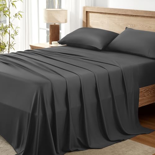 Image of Andency Dark Grey King Sheets Set 100% Viscose Derived from Bamboo | Cooling Summer Sheets, Deep Pocket Up to 16 inch, Silky Soft Hotel Luxury Breathable Bedding Sheets & Pillowcases