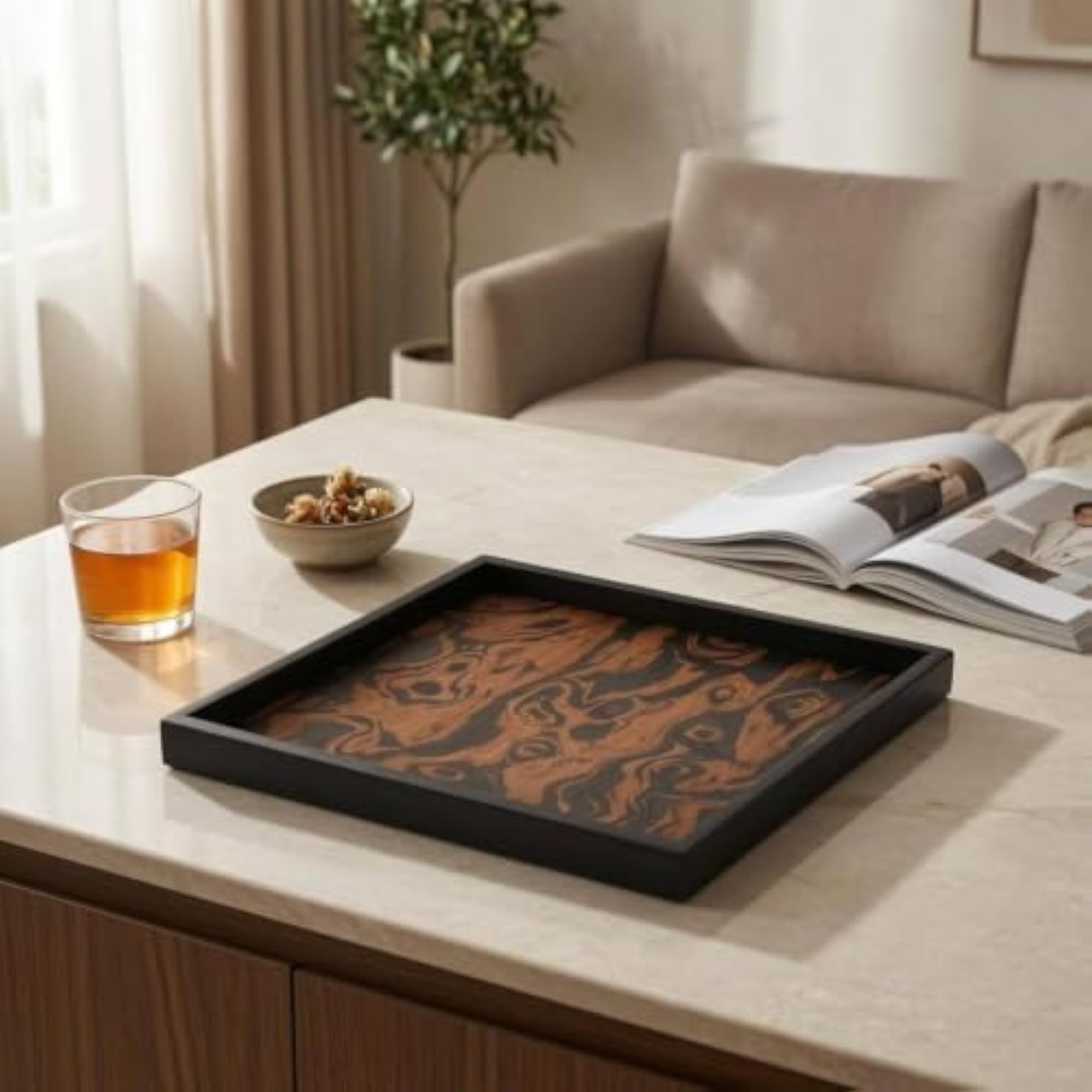 Raised Sides Leather-Edged Wood Tray, Rustic Tabletop Decor