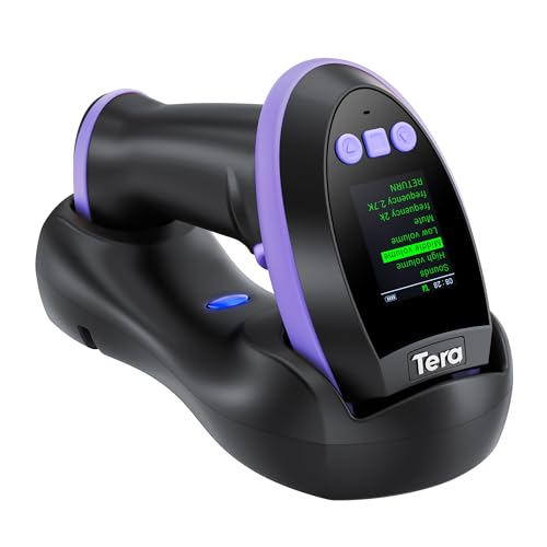 Image of Tera Barcode Scanner Wireless with Screen: Pro Version 1D 2D QR with Setting Keypad Charging Cradle Works with Bluetooth 2.4G Wireless USB Wired Handheld Bar Code Reader HW0009 Purple