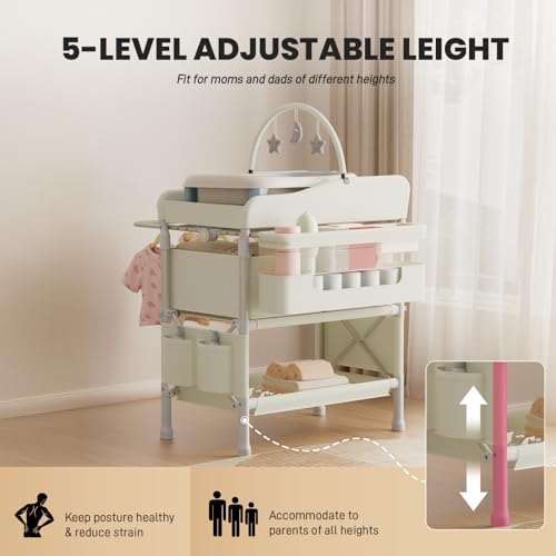 Image of Jaylene Portable Baby Changing Table with Storage - Adjustable Height Diaper Station, Waterproof Pad, Large Capacity Organizer, Foldable Newborn Changing Table for Nursery & Bedroom (Beige)