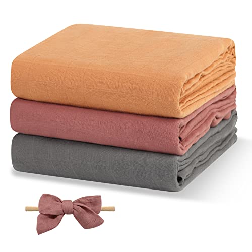 Image of Papablic Muslin Swaddle Blankets, 3-Pack Soft Silky Swaddle Blankets for Boys and Girls, Cotton Newborn Receiving Blanket with 1 Hair Bows, Solid Color, Large 47 x 47 inches