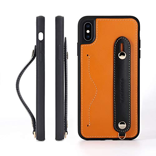 iPhone XsMax グリップケース レザー 本革 ストラップ付属 イタリア製牛革 ヌメ革 片手操作 カード収納 スタンド機能 メンズ レディース オレンジ/ブラック
