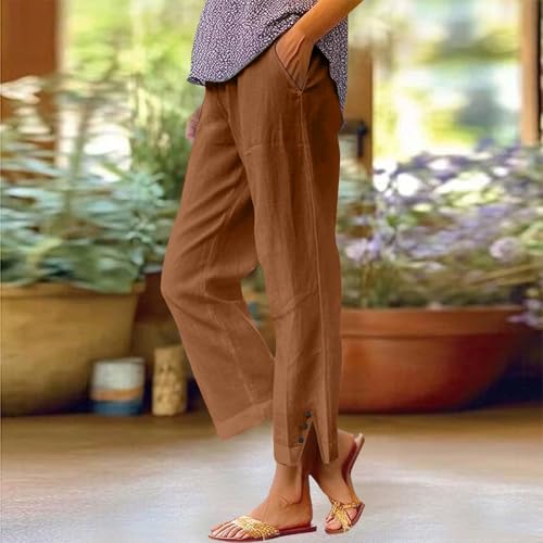 GOFULY Womens Linen Pants Casual Wide Leg High Rise Pants Beach Elastic Waist 2025 Summer Soft Solid Trouser with Pockets2