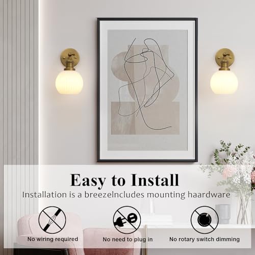 Image of Pathson Rechargeable Wall Sconce Lighting with Remote Control, Battery Operated Milk White Glass Wall Vanity Light, Cordless Dimmable Wall Indoor Led Wall Lamp Fixture for Bedroom Living Room
