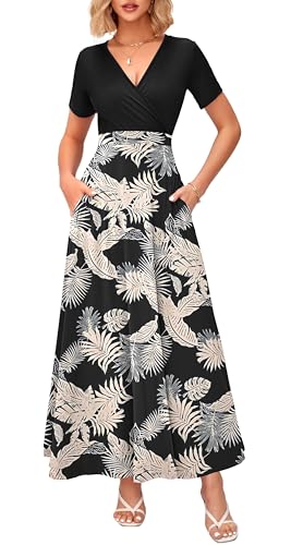 Image of WNEEDU Women's Summer Maxi Dress Short Sleeves Wrap V Neck Long Dresses with Pockets