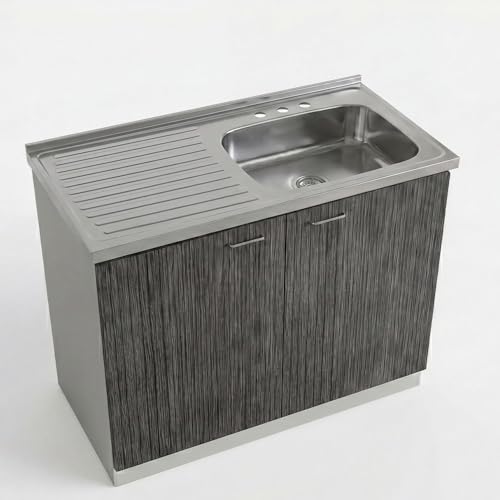 Image of Tuhome Napoles Utility Sink Base Cabinet with Integrated Stainless Steel Countertop, Freestanding Cabinet with Double Doors, Interior Shelf for Laundry Room, Utility Room, Mudroom or Kitchen