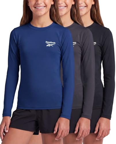 Image of Reebok 3 Pack: Girls' Long Sleeve Rashguard Swim Shirt, UPF Sun Protection Rasghguard Swimsuit for Kids Teens Tweens