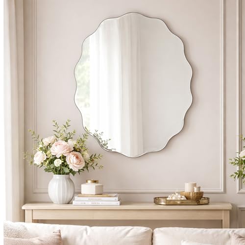 Image of Rousrie Frameless Wall Mirror for Bathroom, Glass, Modern, Clear, Rectangle, 60 x 45 Centimeters, Wall Mount (1, Unique)