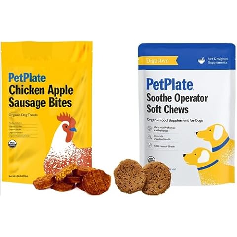PetPlate Puppy Tummy Bundle - Chicken Apple Sausage Dog Treats and Soothe Operator Soft Chews Digestive Support Supplements Cover
