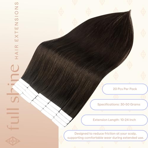 Image of Full Shine Human Hair Extensions Tape in, Darkest Brown 20 Inch | 50g 20PCS, Straight Seamless Skin Weft Tape in Extensions Real Human Hair, Glossy Finish Long-Lasting Styling Add Length